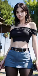 the girl is wearing a blue skirt and black top
