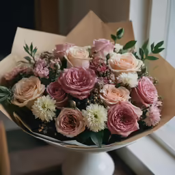 an arrangement of flowers in a glass vase