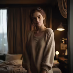 the girl in the sweater is standing by the window