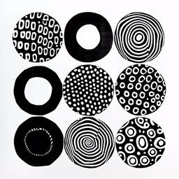 a black and white illustration of circles and dots,six black and white circles and an eye pattern