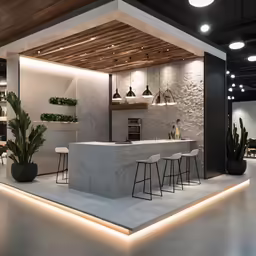a modern kitchen with a long counter next to two planters