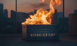 flames rise out of a box with writing on it