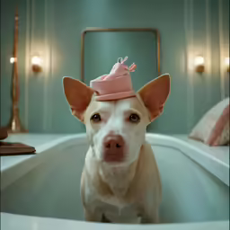 a dog is posing for the camera wearing a pink hat