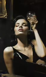 a woman in a black dress holding a wine glass