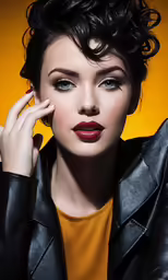 a woman with dark lipstick is leaning on her arm