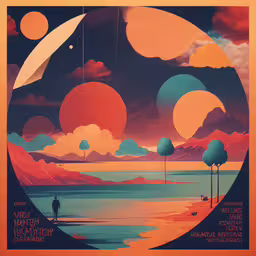 a stylized artwork with a man standing in front of an abstract ocean and sky,a man standing on a beach under an eclipse