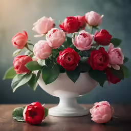 a white bowl with red and pink flowers in it