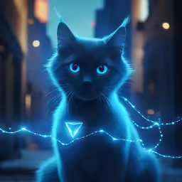 a cat wearing a light - up collar is staring at the camera