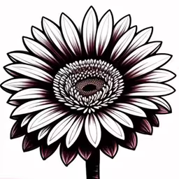a black and white drawing of a sunflower,a flower with many leaves that is growing out of it