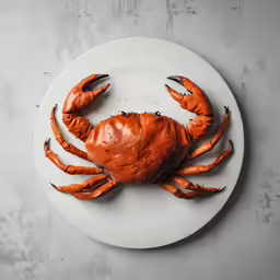 a crab is on a white plate, a few inches off the counter