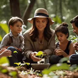 the young family is looking at an plants