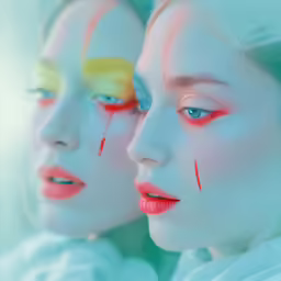 two models are seen with colored makeup on their faces