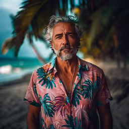 a man with a necklace on standing by the beach,a man in hawaiian attire standing on the beach