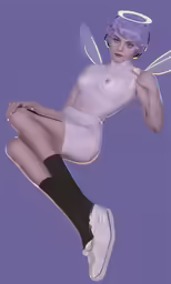 an animated girl is wearing white shorts and angel wings