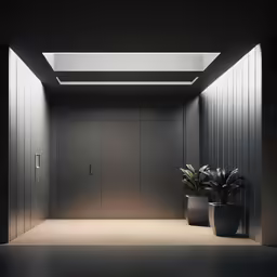 a doorway with two planters in it next to some metal doors