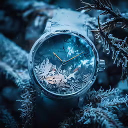 a watch sits atop snow - covered evergreen branches