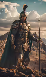 a man in armor, a helmet and sword poses for a picture