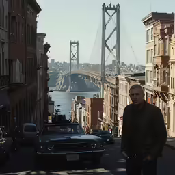 a man stands near a street where a bridge is seen
