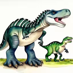 a dinosaur and his child in the grass