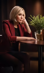 the woman is sitting at a table with a potted plant