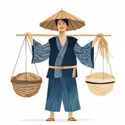 a woman holding two baskets with two umbrellas