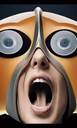 a woman with large black eyes and silver and orange glasses