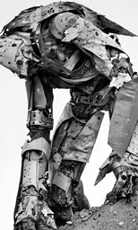 the mechanical monster statue is posed on some rocks