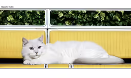 a white cat sits on a yellow chair