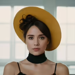 a woman wearing a black choker wearing a yellow hat
