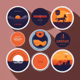 a set of six round stickers that includes orange and blue design,a collection of nine different stickers in circular shapes