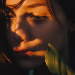 a woman with the frond of her head close to her face