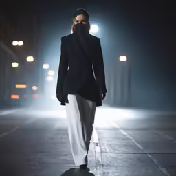 the woman is walking down the runway with all her clothes on