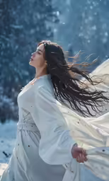 woman in dress dancing in snowy weather with wind