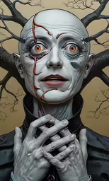 a creepy looking man has his hand over his face