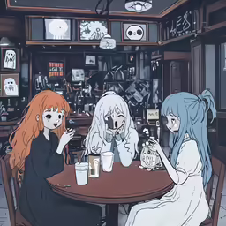 two girls sitting at a table in a bar, one with her hands clasped to the other