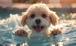the white dog is enjoying his swim in the water
