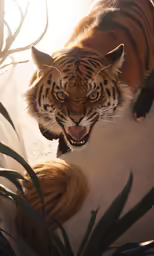 a close up of a tiger on the ground