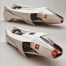 an unusual silver car on a table with the headlights on