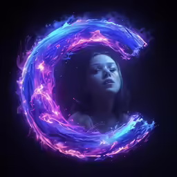 woman inside an energy loop with blue and purple flames around