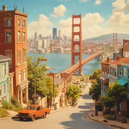 an orange car is parked along a narrow street in front of the golden gate bridge