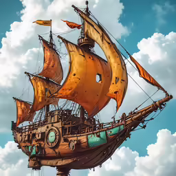 a model ship floating in the air with a clock