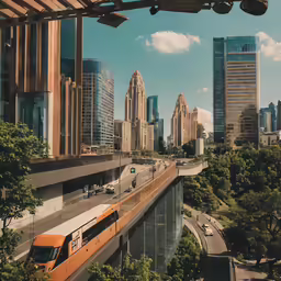 a large bus driving across a large bridge