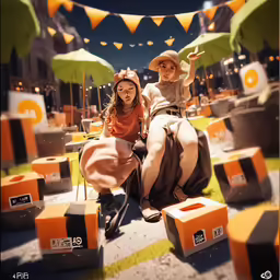 two people are sitting down in the middle of an area that is filled with yellow and green decorations