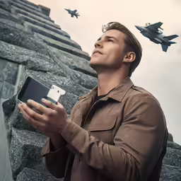 a man looking up while holding a box