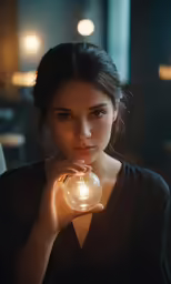 a woman holds up a small lamp in her hand