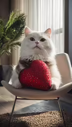 the white cat is looking forward with big eyes