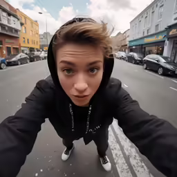 a young woman is taking a selfie in the street