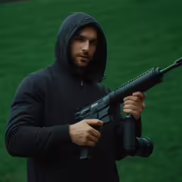 a man holding a large gun in front of his face