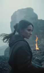 the witch with her hair blown in the wind