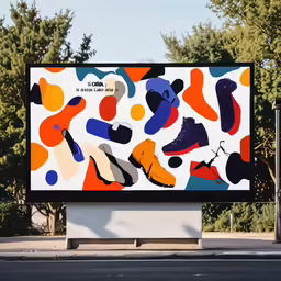 there is a colorful ad on the sidewalk
